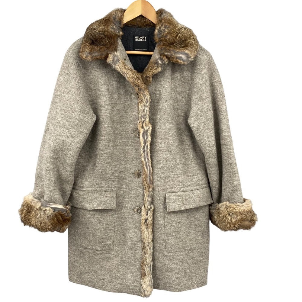 Hilary Radley Wool Blend Coat Rabbit Fur Trim Collar Beige Women‎ M L